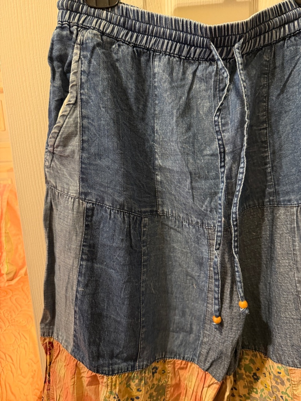 Boho Patchwork Wide-Leg Pants in Denim Blue and Multicolor - Picture 4 of 9